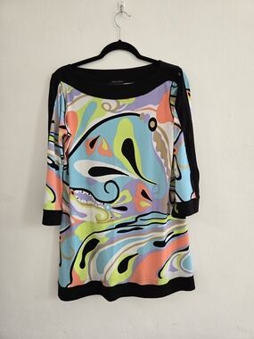 eva varro Pastel Swirl Print Dress with Black Cold Shoulder Style Sleeves Size L